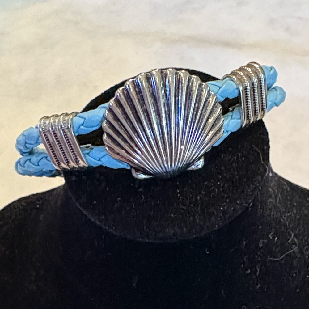 Set, Silver tone Shell & blue braided bracelet dangling shell bead earrings